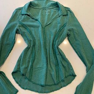 Anthropologie Pilcro Stitched Long-Sleeve Top V Neck Collared in Green